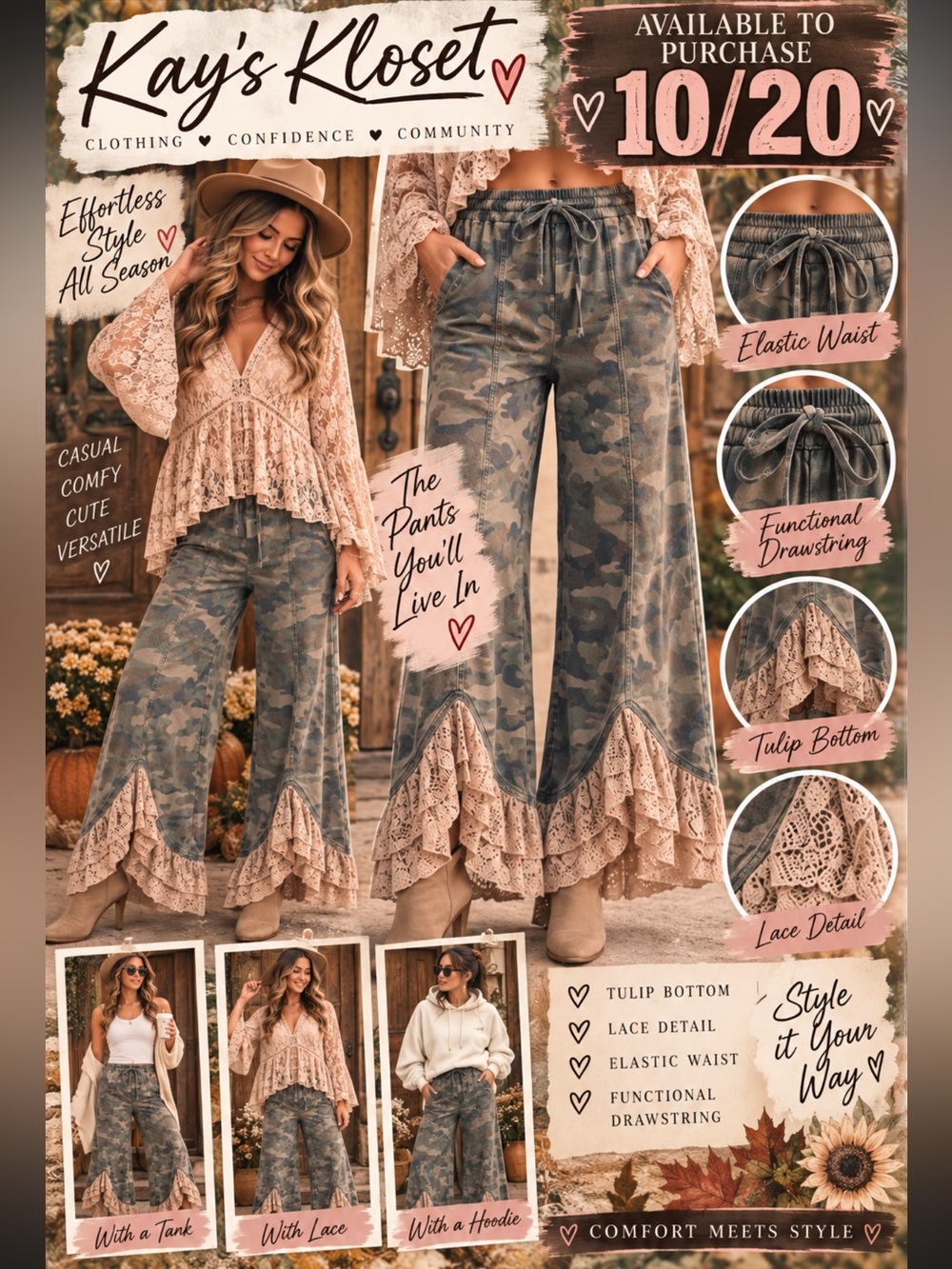 L4-💚🤎🤍 (READ DESC) (ETA 10/5&10/20) Camo Wide-Leg Pants with Cream Lace Ruff